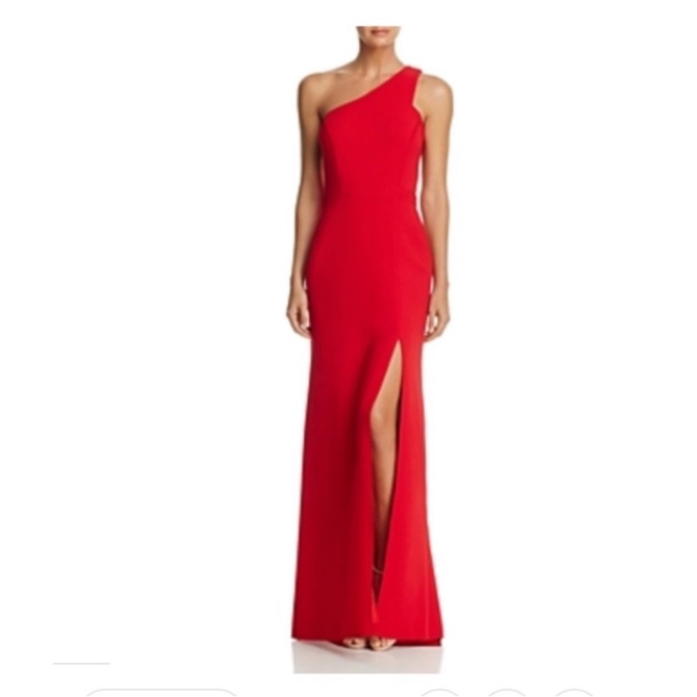 Avery G red gown. Asymmetric with a slit.